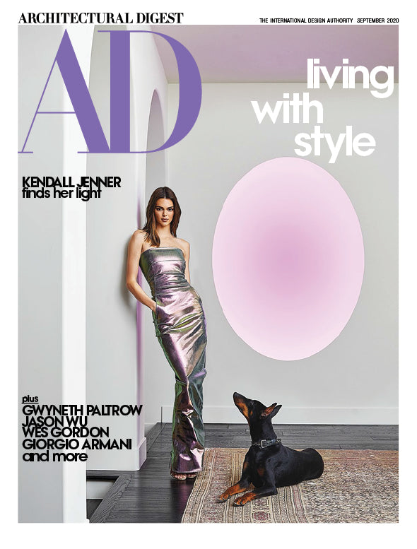 Cover of Architectural Digest magazine featuring Kendall Jenner and a dog in a stylish room.