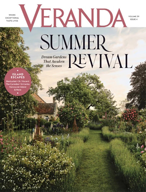 Veranda magazine cover featuring a garden with the title 'Summer Revival'.