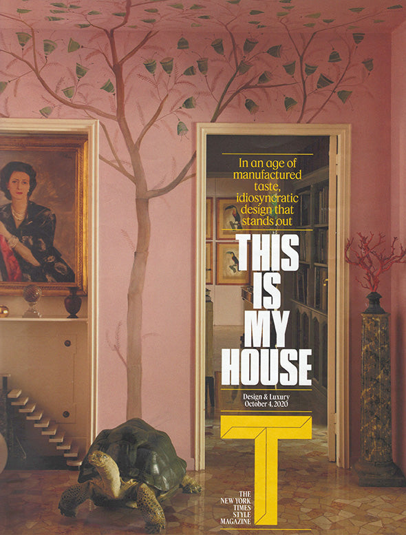New York Times Style magazine cover with interior design theme, featuring a turtle and classical decor.