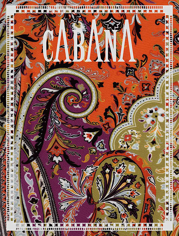 Cabana magazine cover with colorful patterned fabric on an orange background
